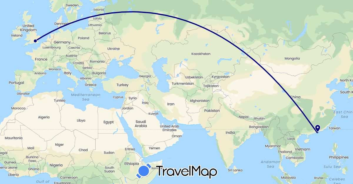 TravelMap itinerary: driving in China, United Kingdom (Asia, Europe)
